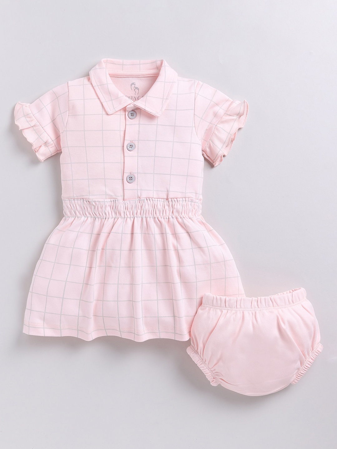 

BABY GO Girls Checked Cotton Shirt Collar Fit & Flare Dress With Brief, Peach