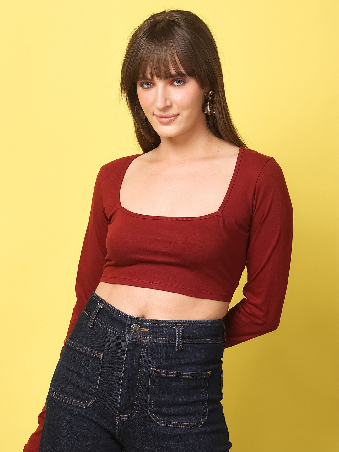 

MINOS Square Neck Fitted Crop Top, Maroon