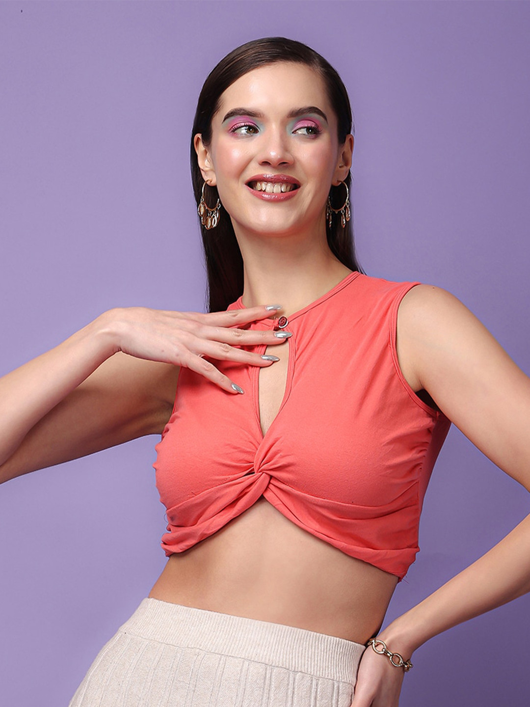 

MINOS Keyhole Neck Crop Top, Coral