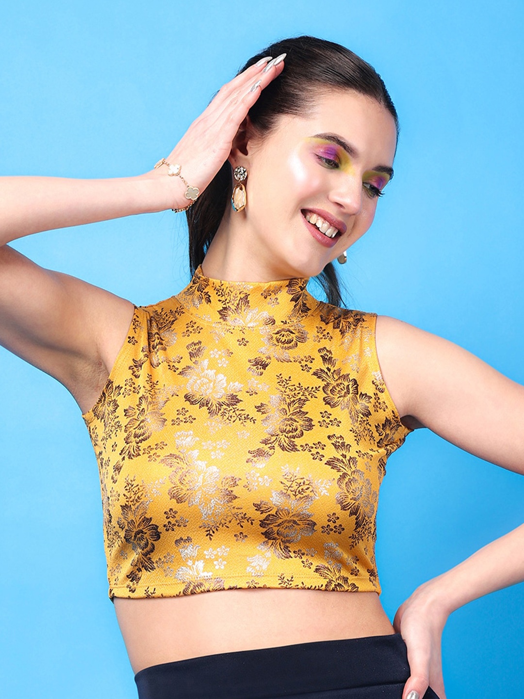 

MINOS Printed High Neck Crop Top, Gold