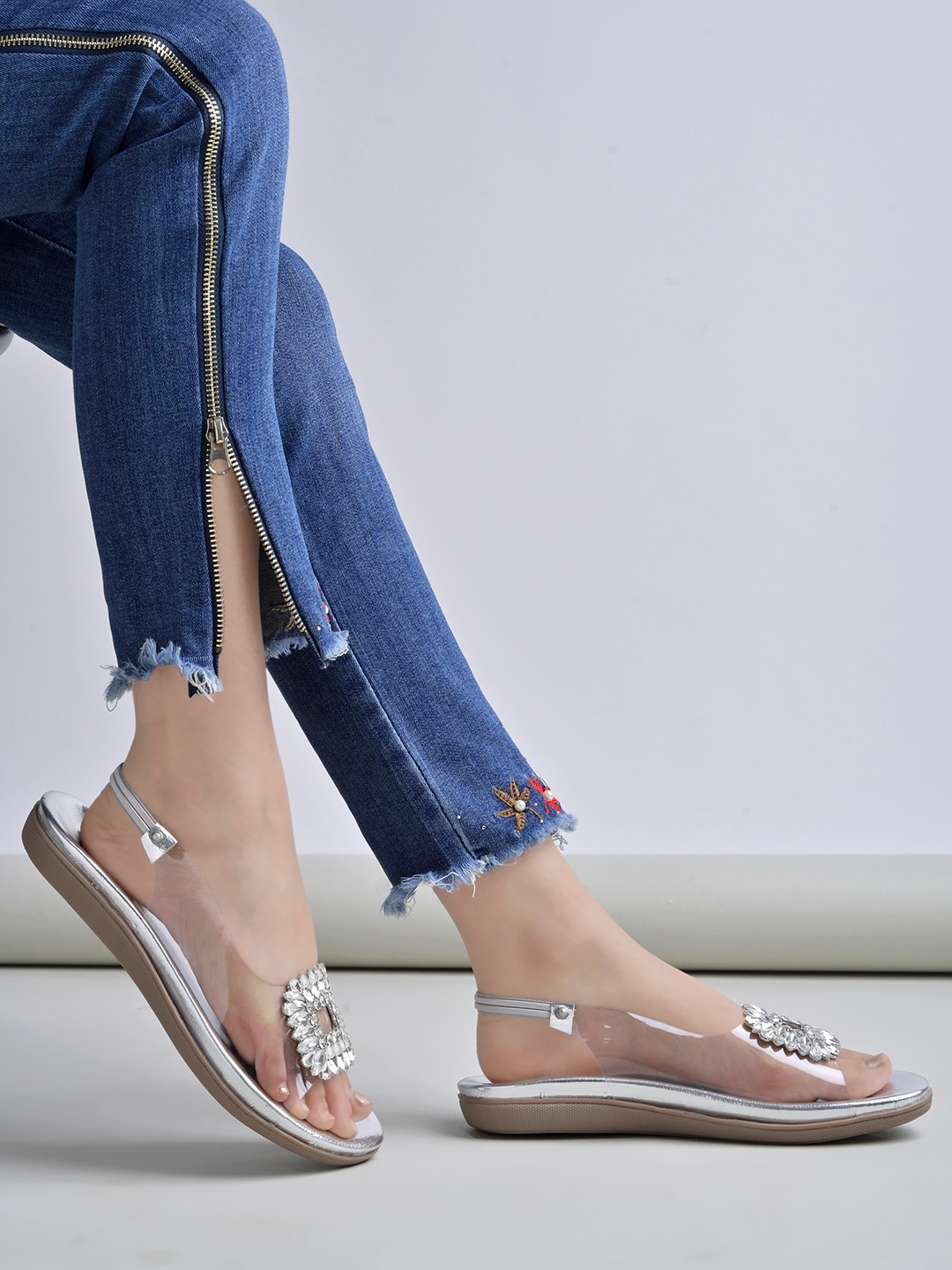 

Shoetopia Embellished Open Toe Flats, Silver