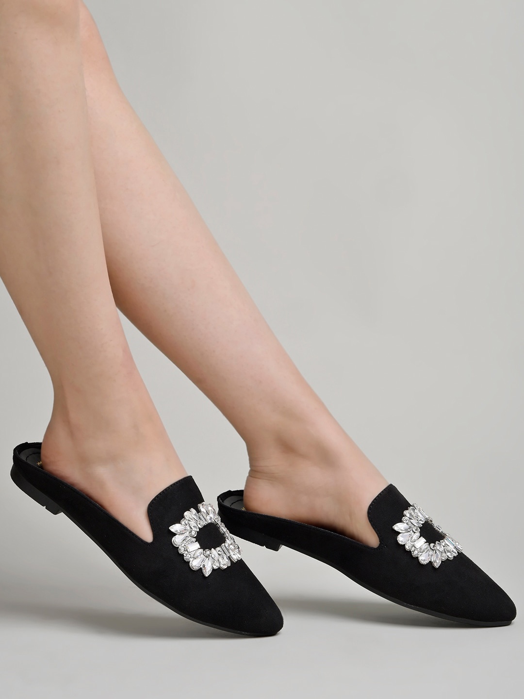 

Shoetopia Embellished Pointed Toe Suede Mules, Black