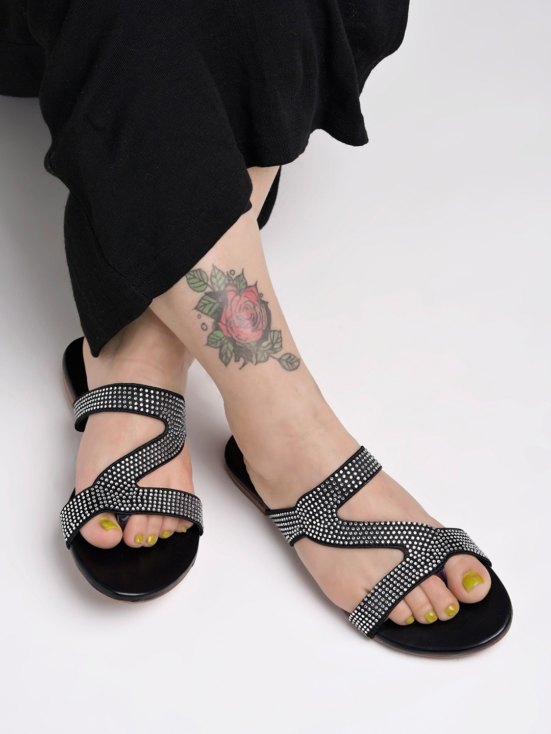 

Shoetopia Embellished Open Toe Flats, Black