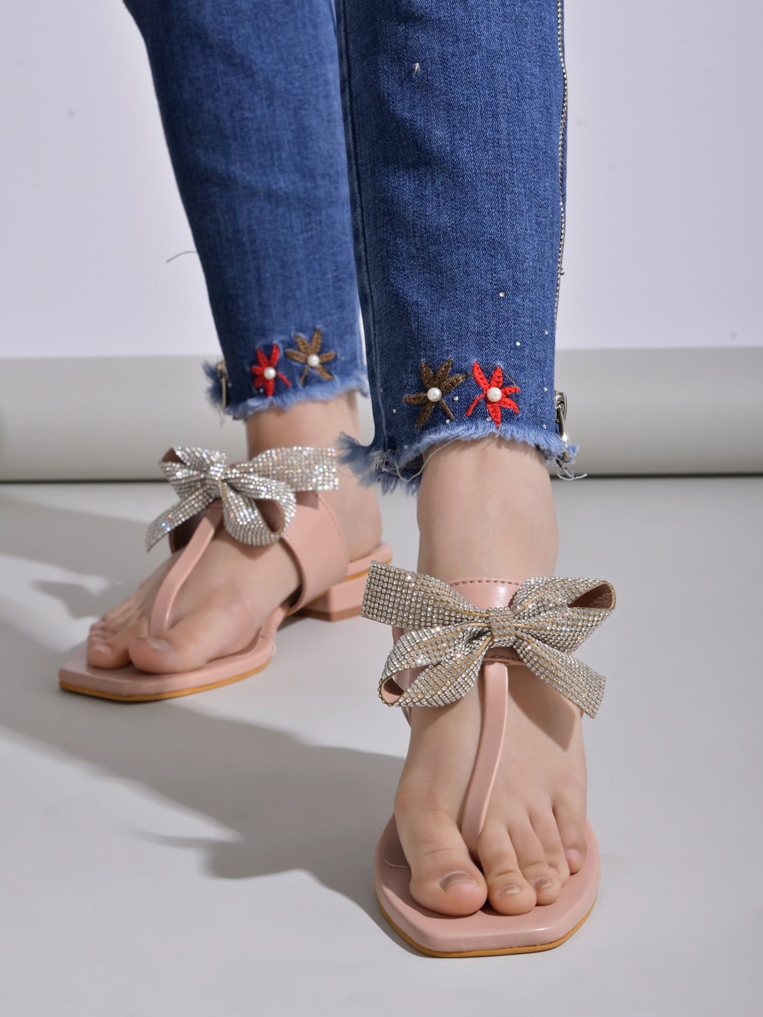 

Shoetopia Embellished Open Toe Block Heels With Bow, Peach