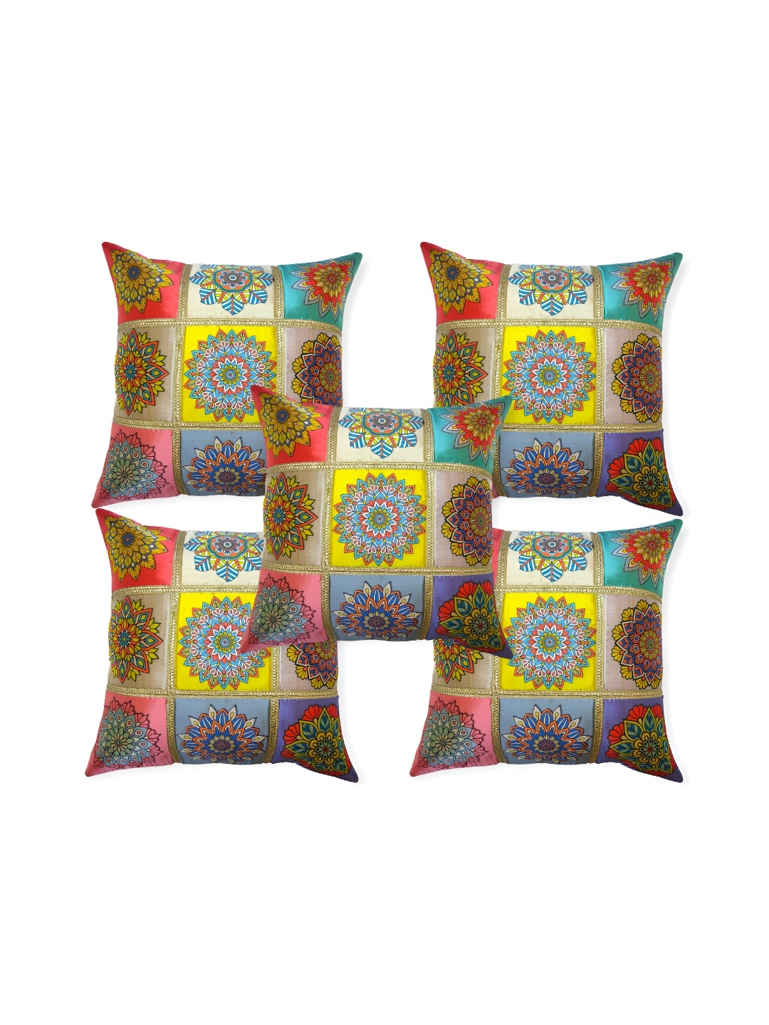 

MONKDECOR Yellow & Pink 5 Pieces Floral Square Cushion Covers