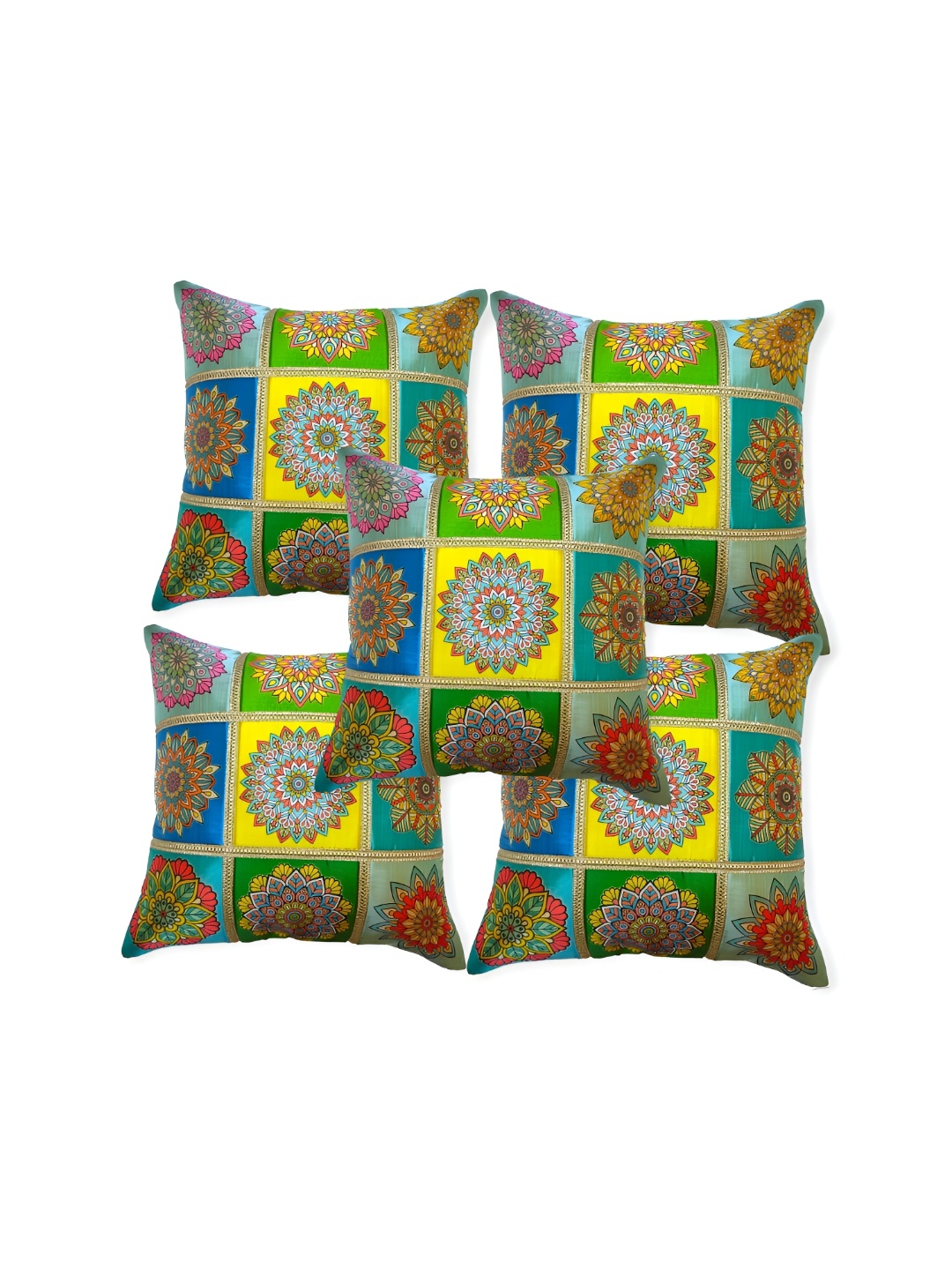 

MONKDECOR Yellow & Green 5 Pieces Floral Square Cushion Covers