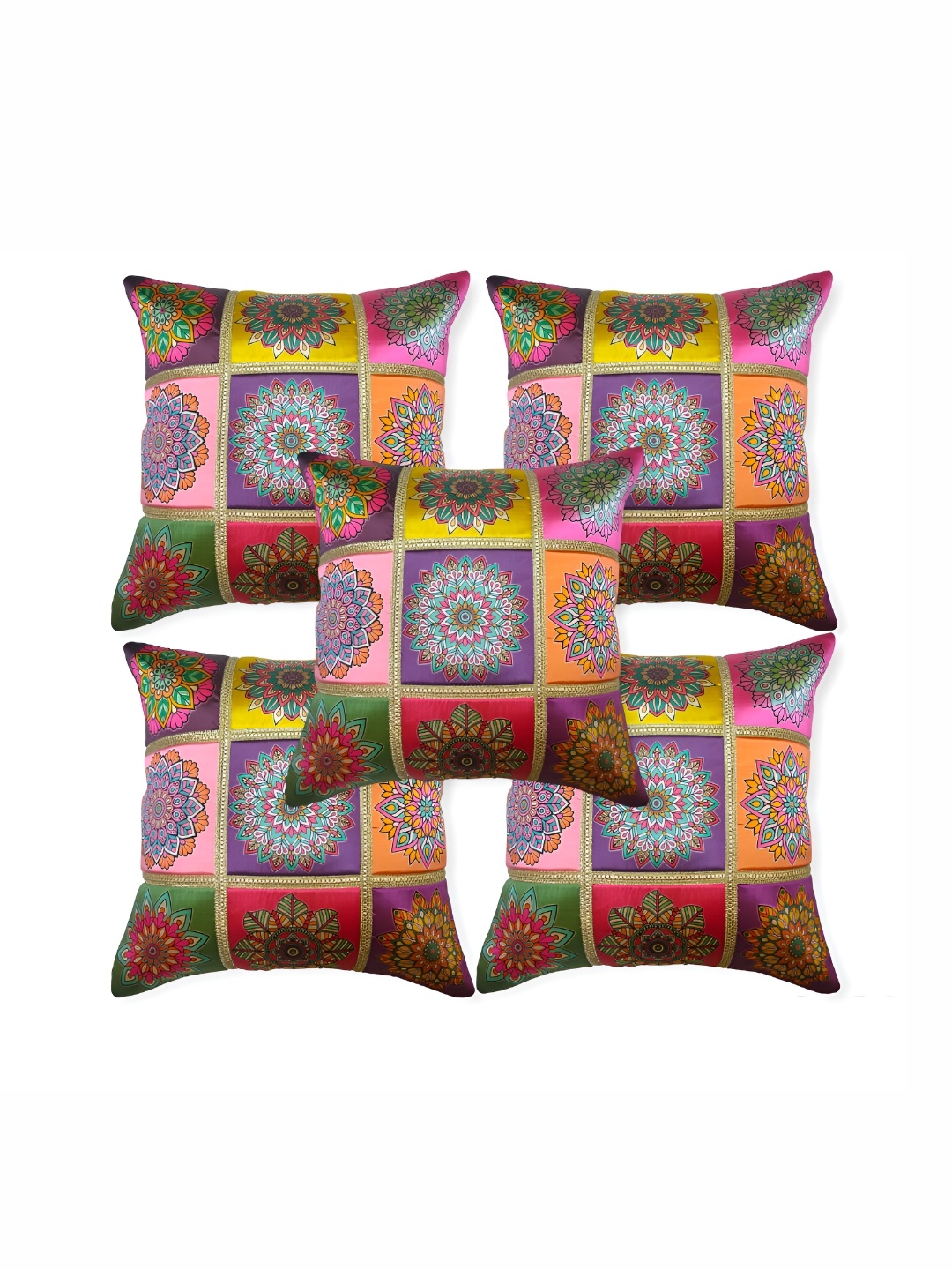 

MONKDECOR Yellow & Pink 5 Pieces Floral Square Cushion Covers