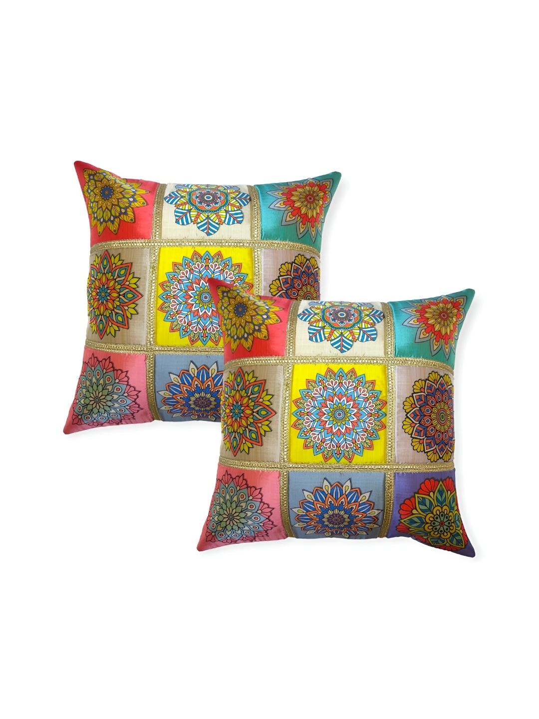 

MONKDECOR Yellow & Pink 2 Pieces Floral Square Cushion Covers