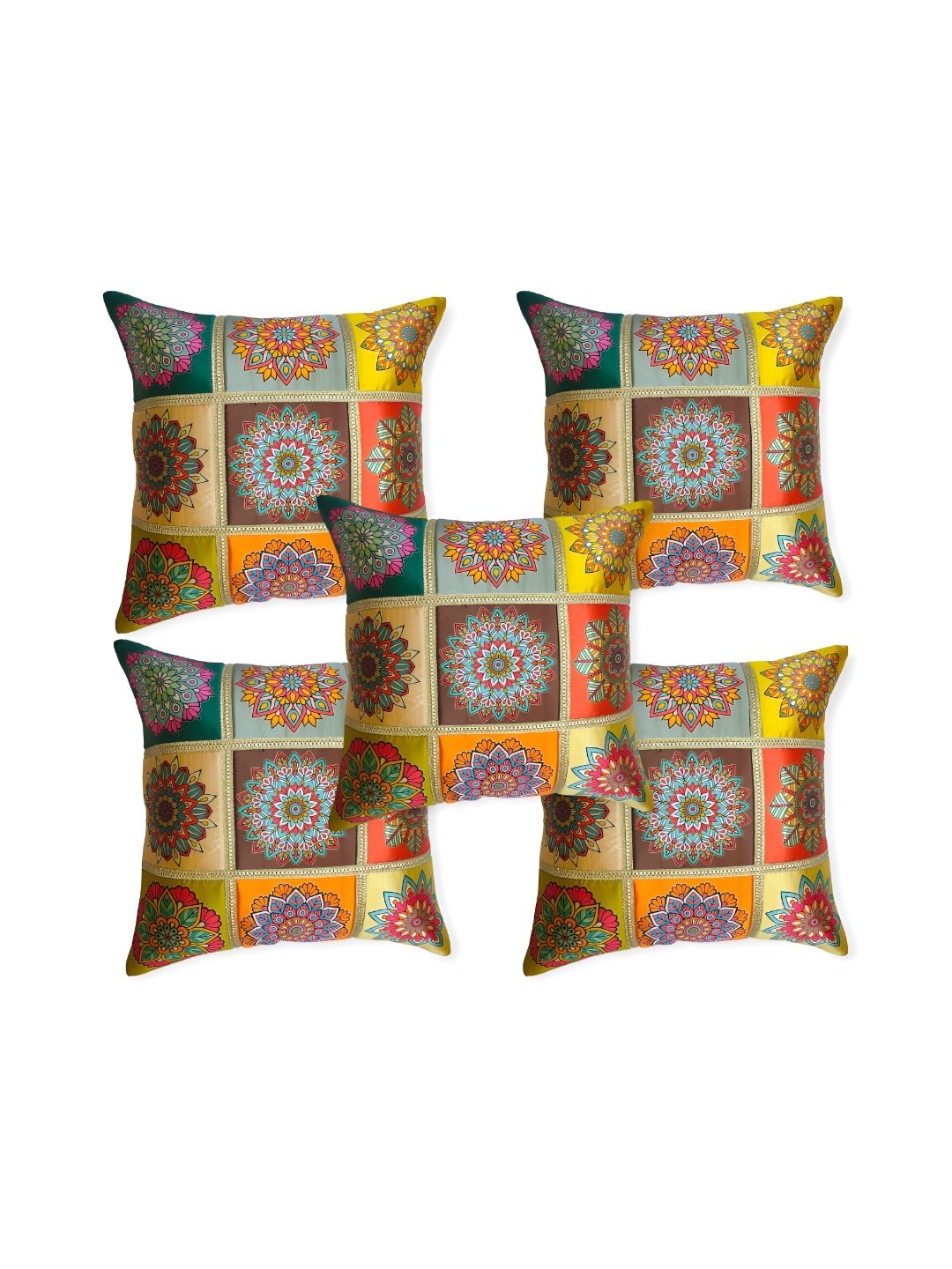 

MONKDECOR Yellow & Green 5 Pieces Floral Square Cushion Covers