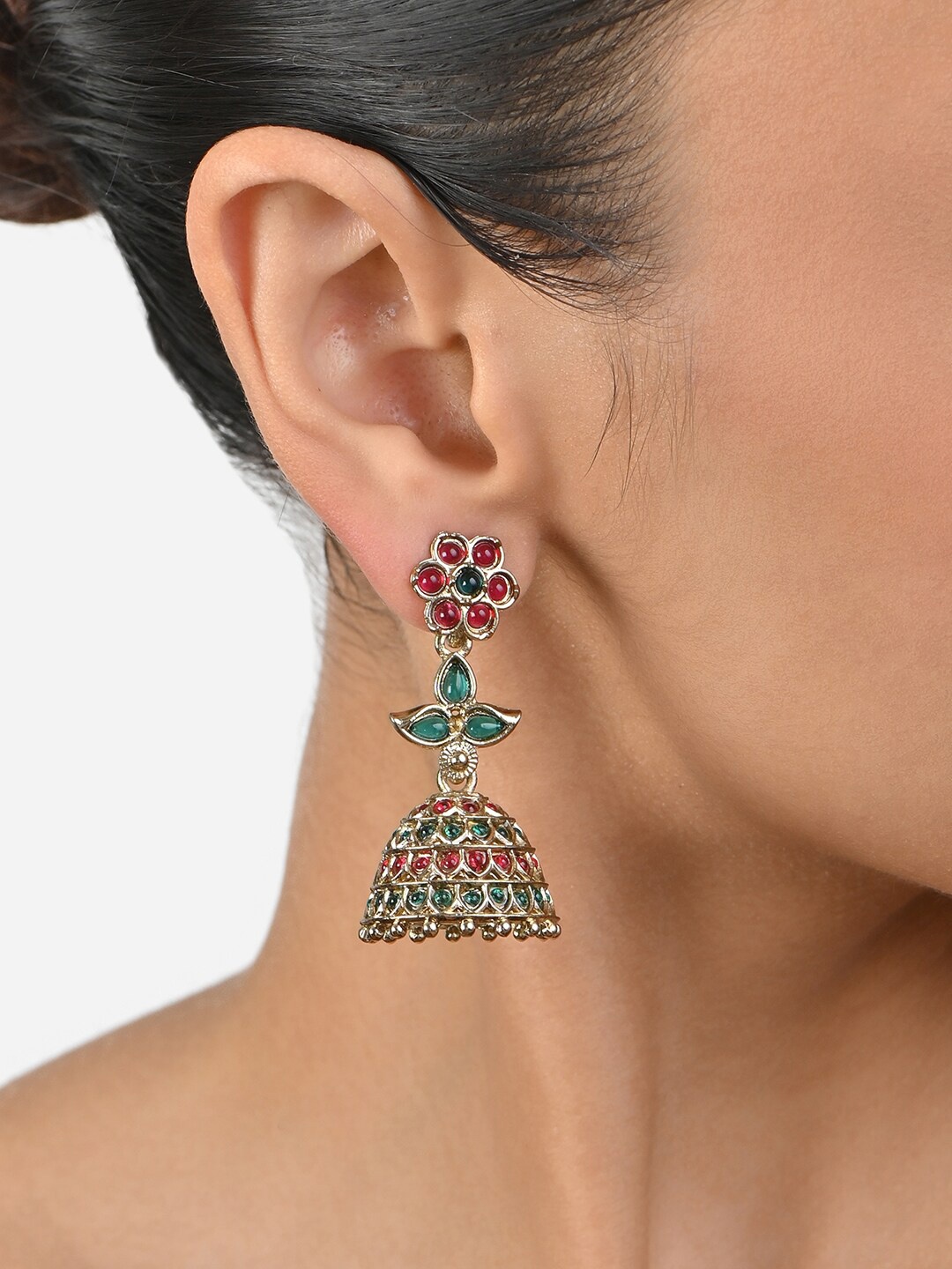 

Fida Gold Plated Stone Studded & Beaded Dome Shaped Jhumkas