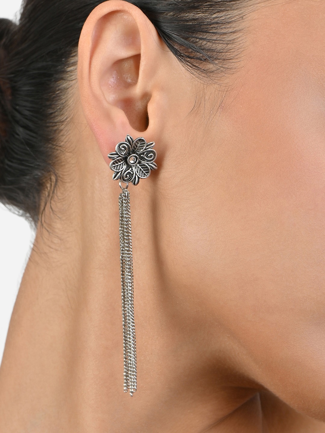 

Fida Silver-Plated Floral Tasselled Long Drop Earrings