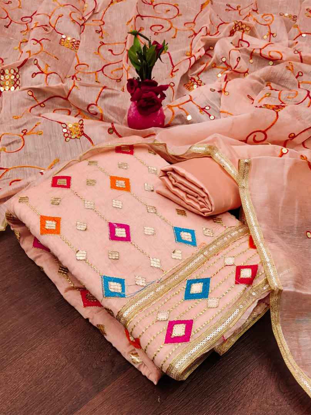 

faxofab Embroidered Unstitched Dress Material, Orange
