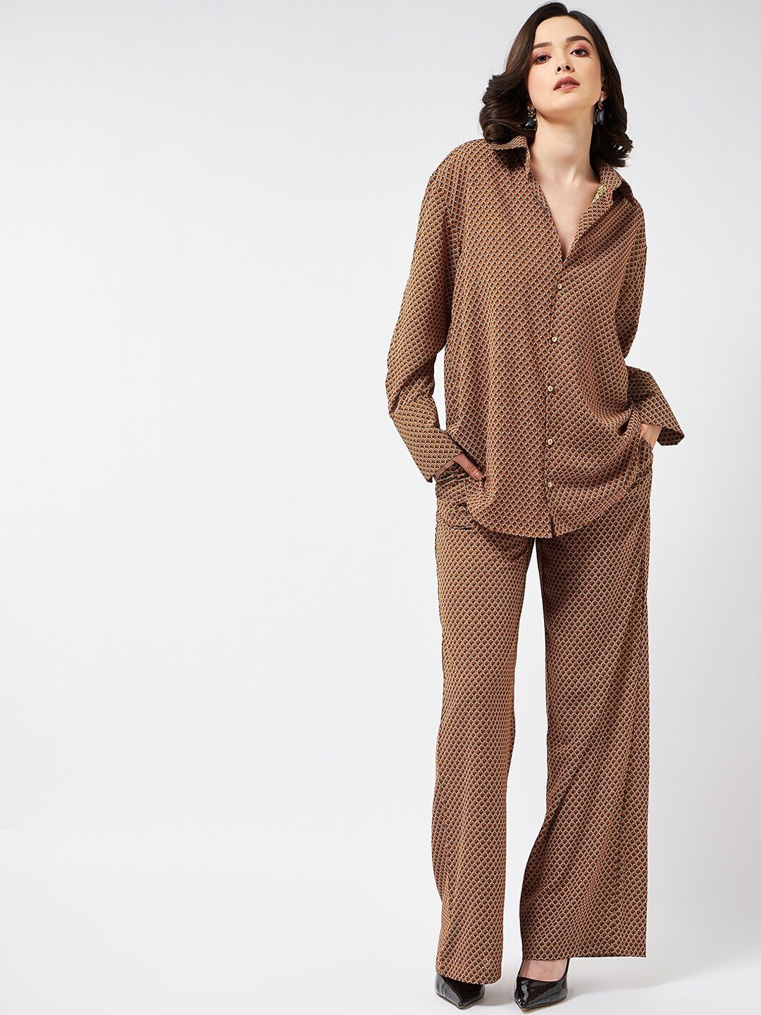 

MAGRE Brown Long Sleeves Printed Shirt With Palazzo