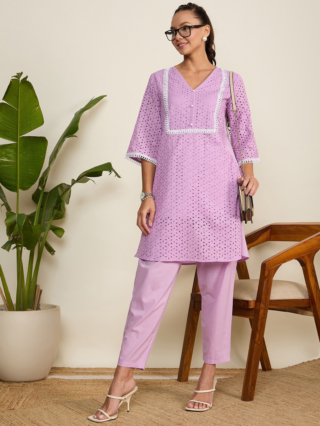 

WineRed Self Design V-Neck Flared Sleeves Pure Cotton Straight Kurti with Trouser, Purple