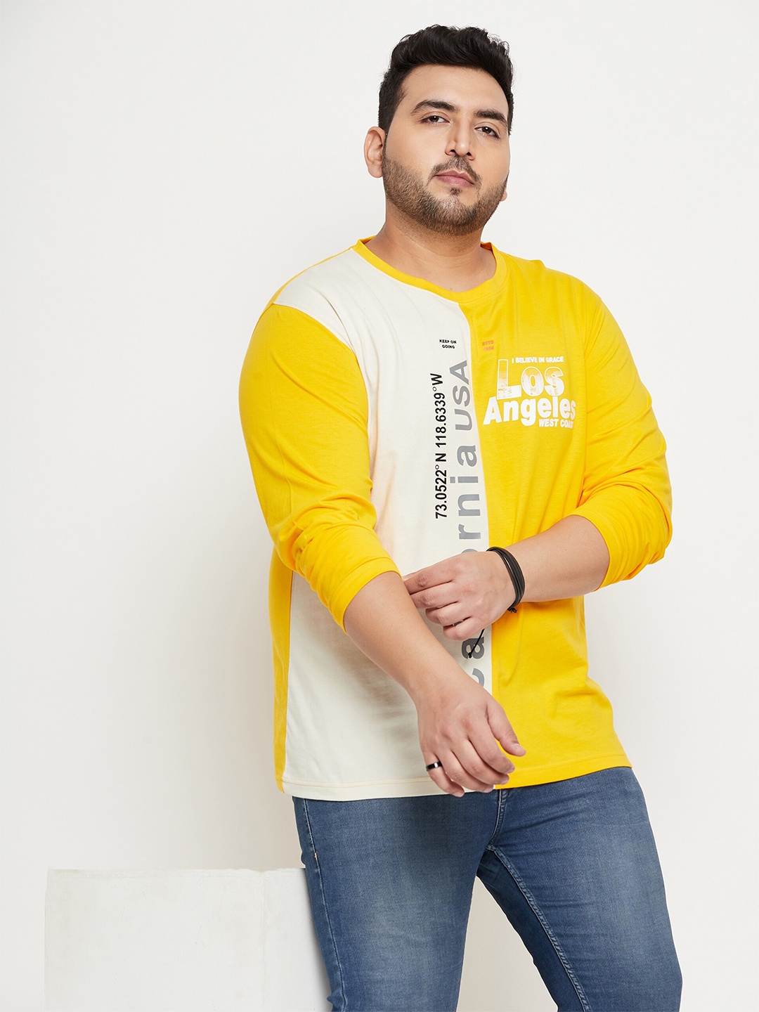 

Club York Plus Size Typography Printed Round Neck Cotton T-shirt, Yellow