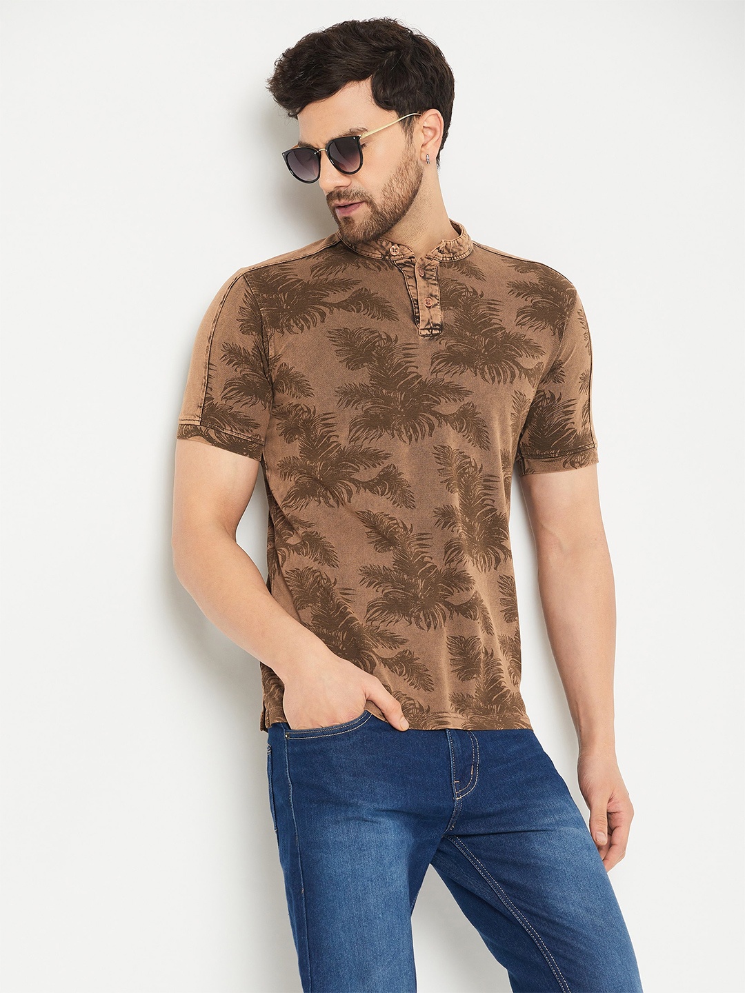 

Club York Tropical Printed Henley Neck Cotton T-shirt, Brown