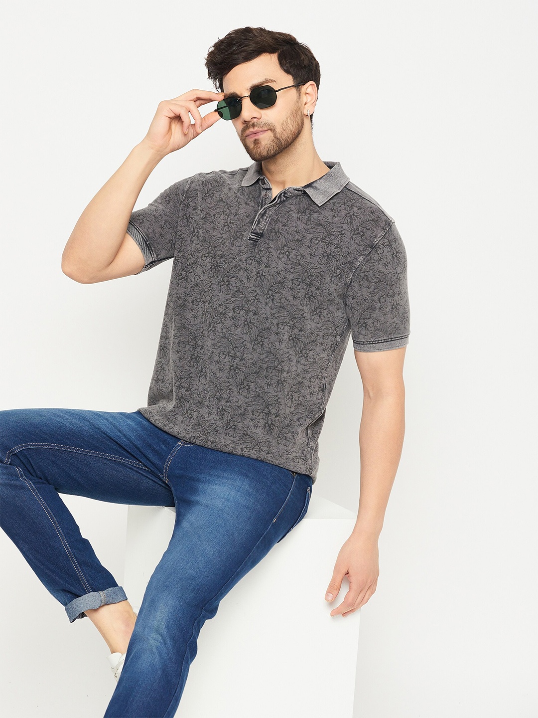 

Club York Floral Printed Polo Collar Short Sleeves T-shirt, Grey