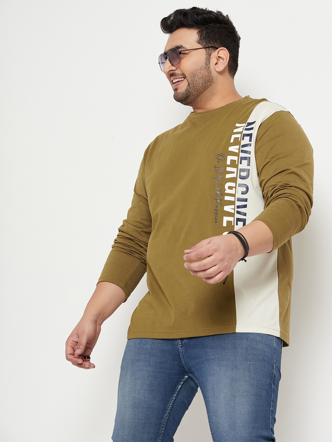 

Club York Plus Size Typography Printed Round Neck Long Sleeves Regular Fit T-shirt, Olive