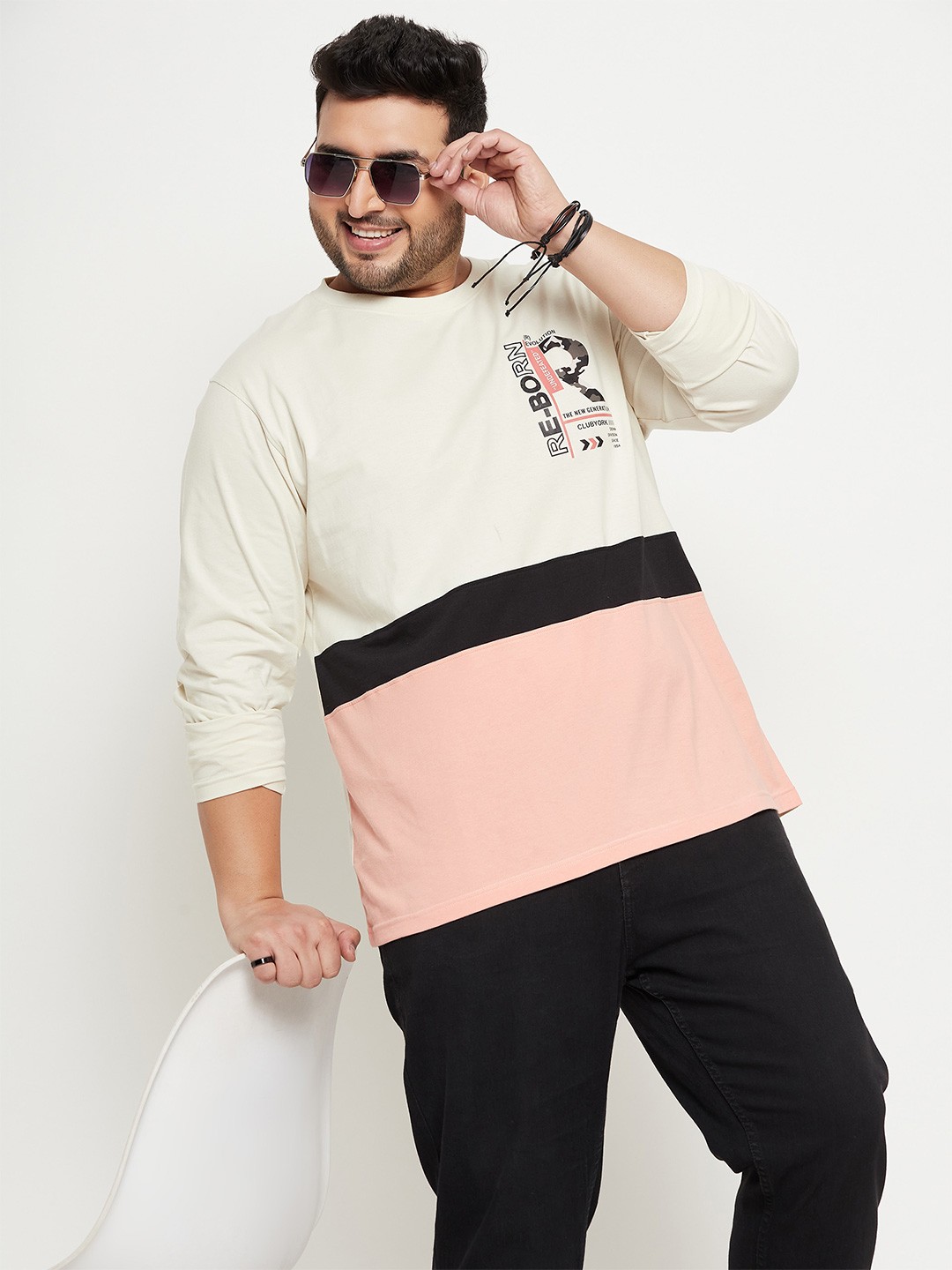 

Club York Plus Size Colourblocked Round Neck Cotton T-shirt, White