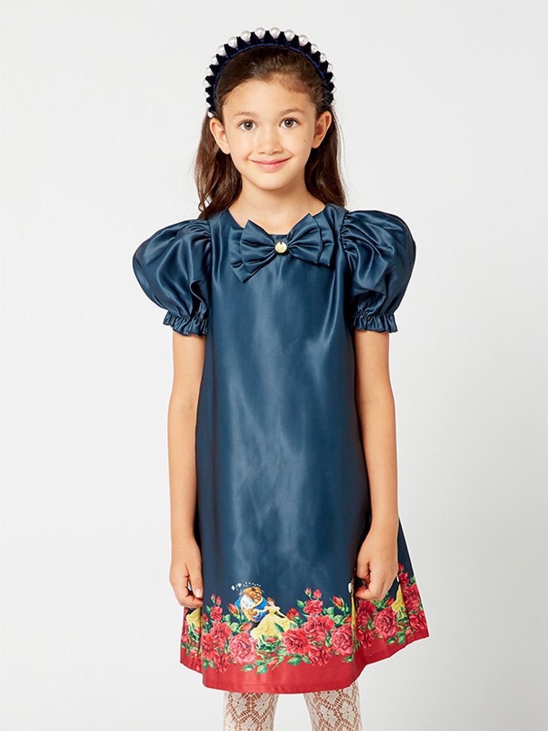 

One Friday Girls Round Neck Puff Sleeve A-Line Dress, Navy blue