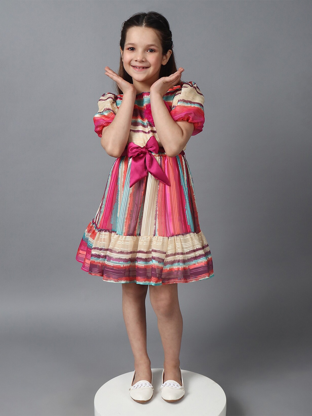 

One Friday Girls Striped Round Neck Fit & Flare Dress, Beige
