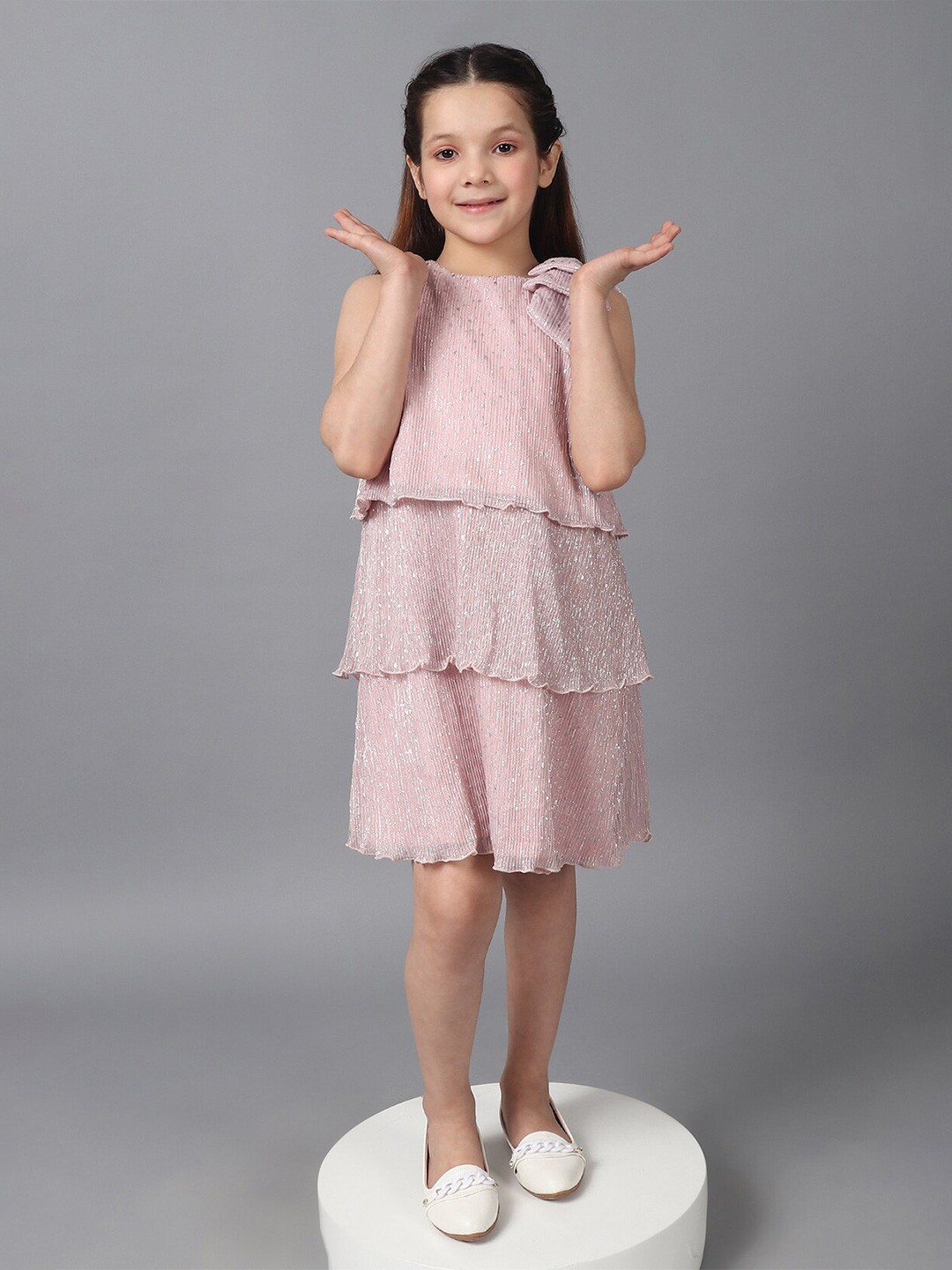 

One Friday Girls Self Design Sleeveless Round Neck Pure Cotton Layered A-Line Dress, Pink