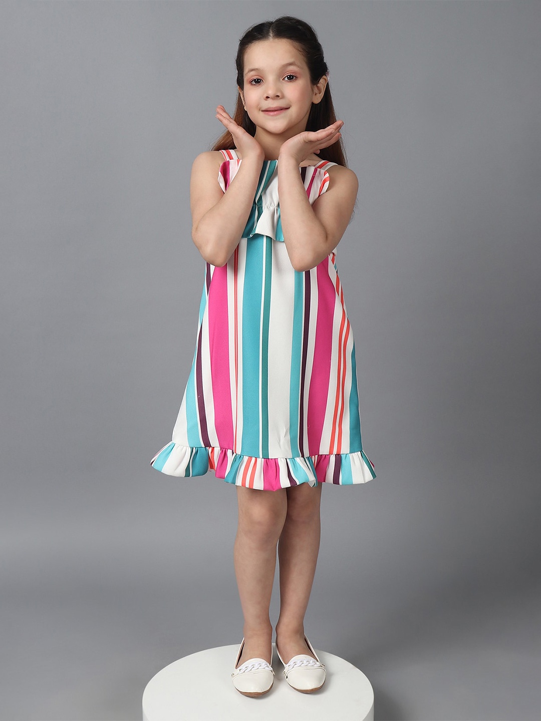 

One Friday Girls Striped Shoulder Straps A-Line Dress, White