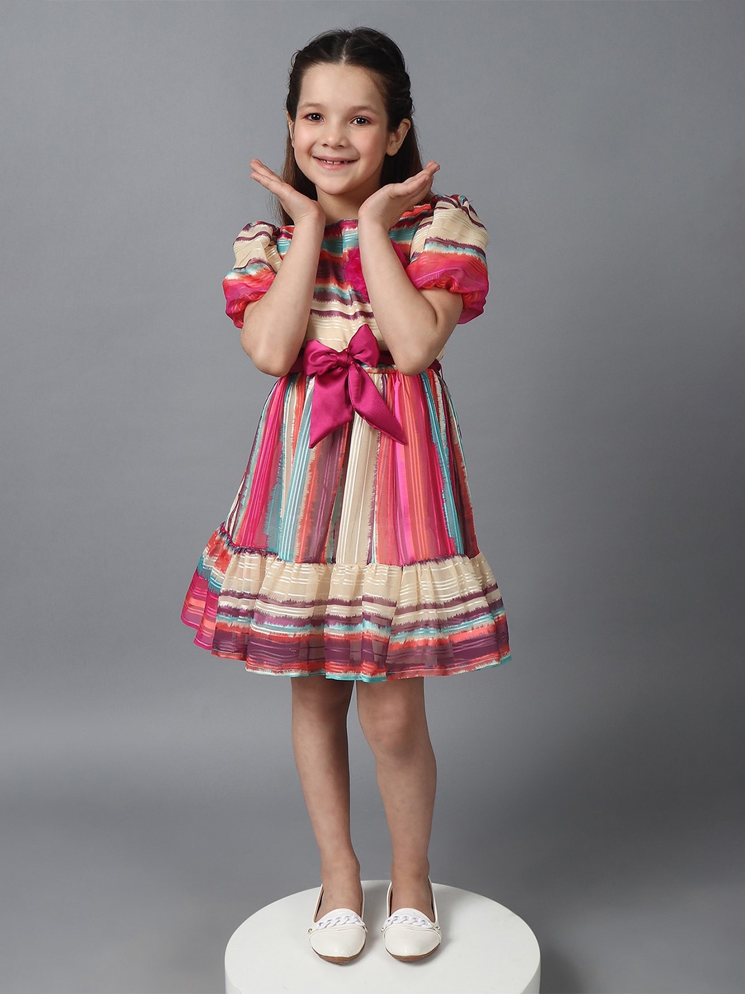 

One Friday Girls Striped Round Neck Fit & Flare Dress, Beige
