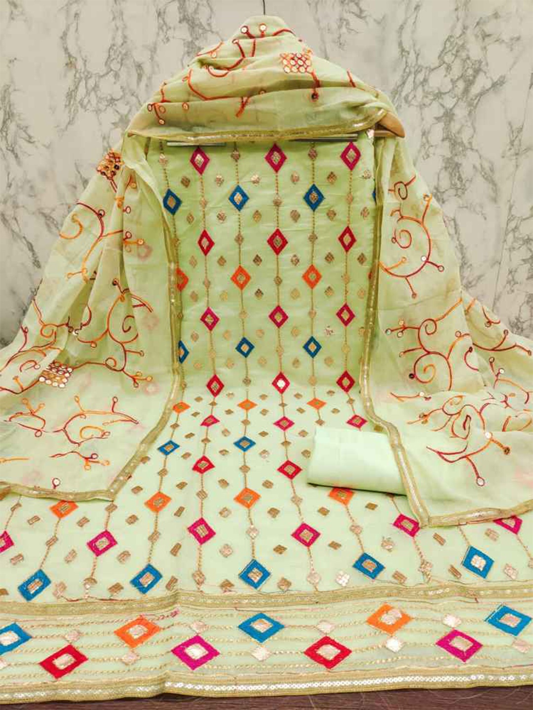 

faxofab Geometric Embellished Unstitched Dress Material, Yellow