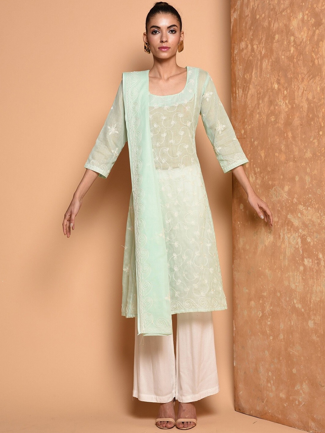 

KAANCHIE NANGGIA Ethnic Motifs Embroidered A-Line Thread Work Pure Cotton Kurta Set, Turquoise blue