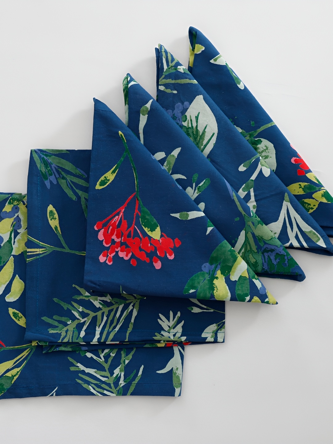 

TARAN LIVING Blue & Red 6 Pcs Floral Printed Cotton Table Napkins