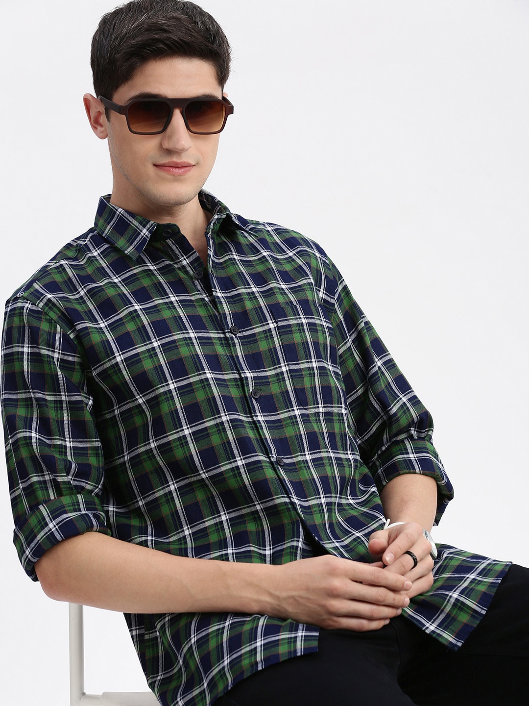 

SHOWOFF Standard Slim Fit Tartan Checks Opaque Checked Cotton Casual Shirt, Green