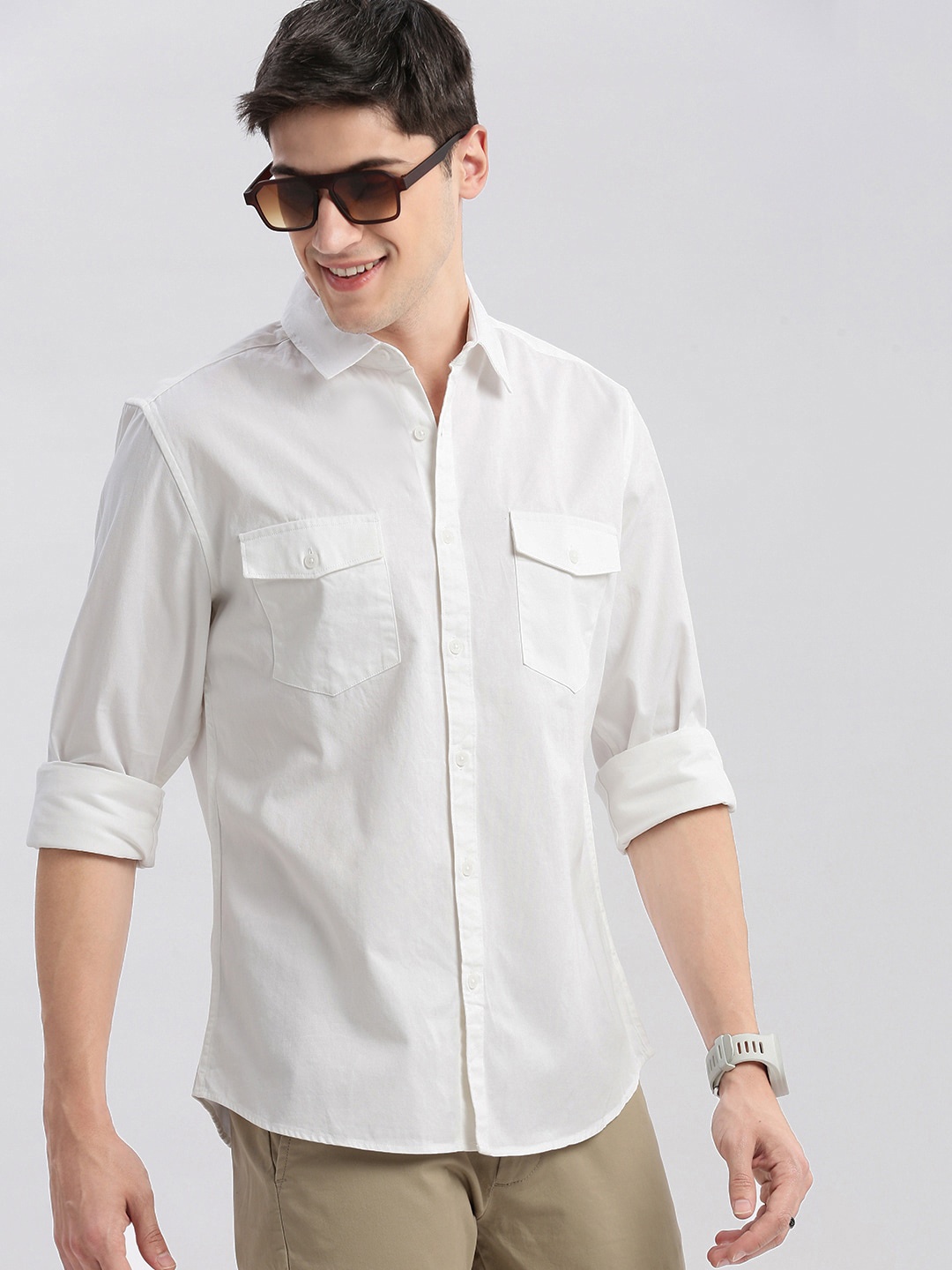 

SHOWOFF Standard Slim Fit Opaque Cotton Casual Shirt, White