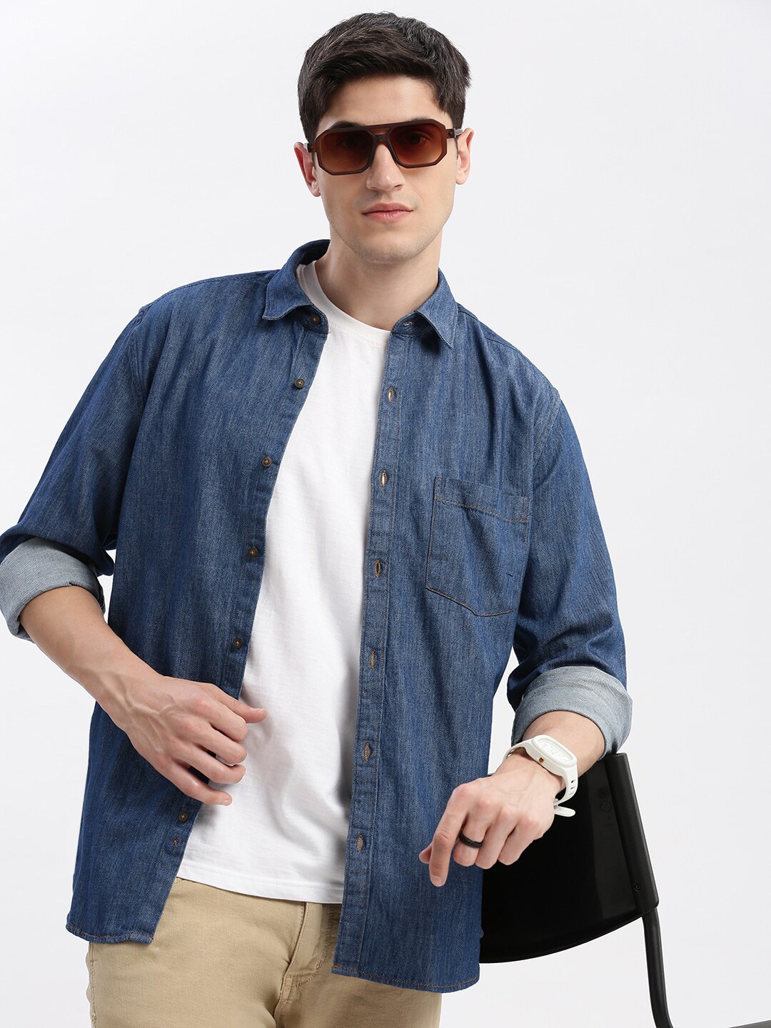 

SHOWOFF Long Sleeves Spread Collar Standard Slim Fit Cotton Opaque Oxford Shirt, Blue