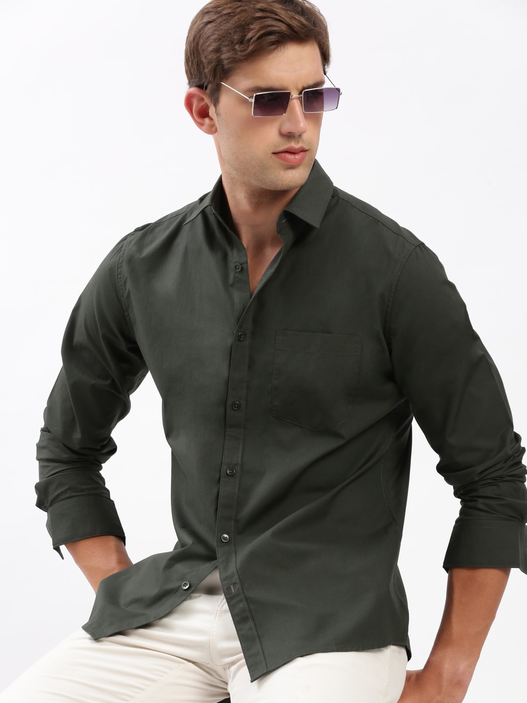 

SHOWOFF Standard Slim Fit Opaque Cotton Casual Shirt, Green