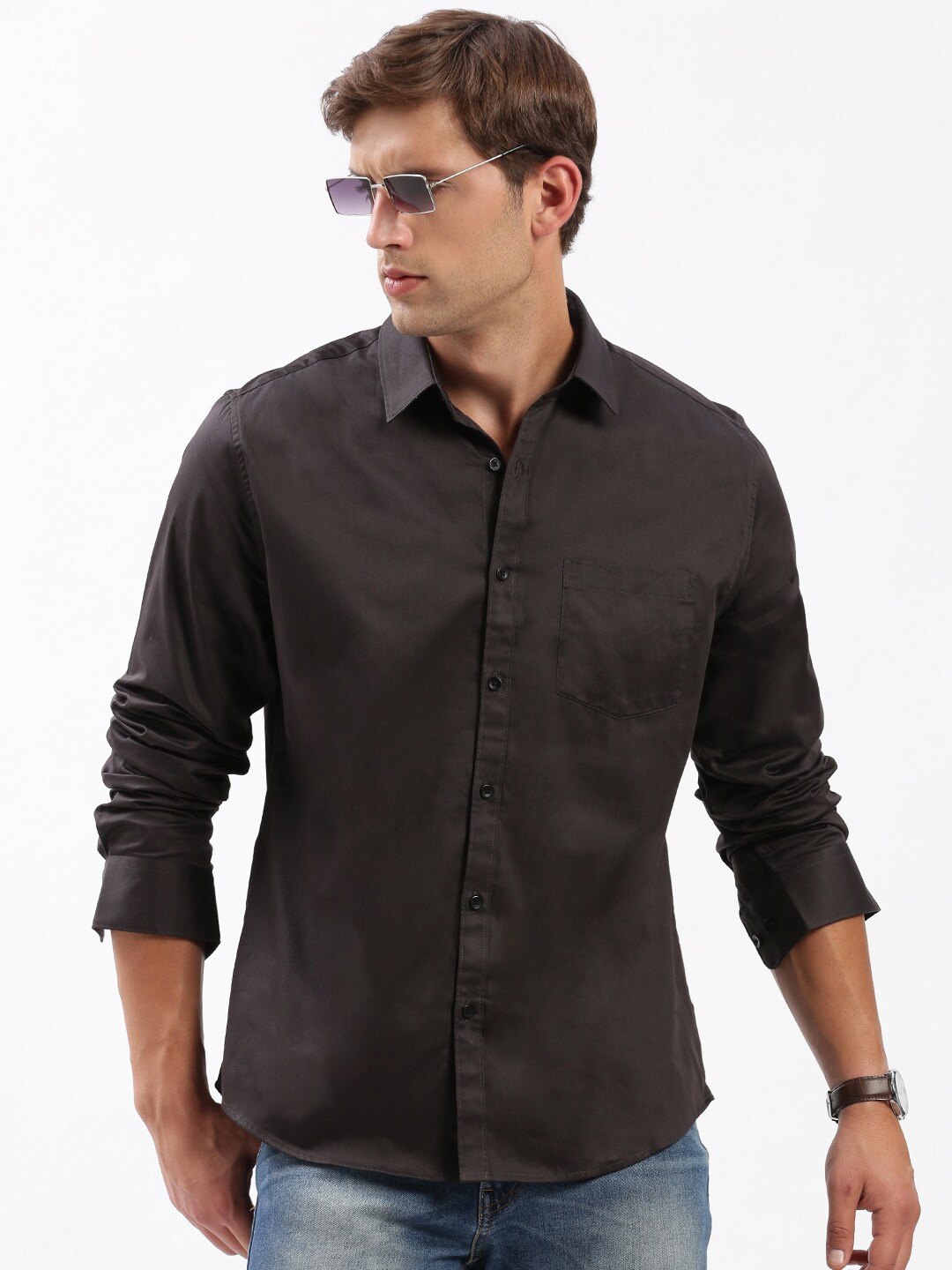 

SHOWOFF Standard Slim Fit Opaque Cotton Casual Shirt, Black