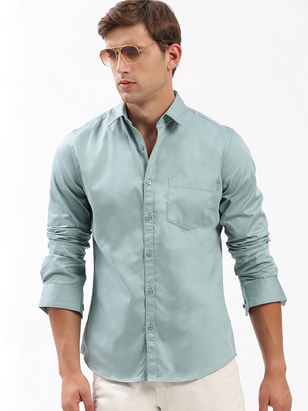 

SHOWOFF Standard Slim Fit Opaque Cotton Casual Shirt, Sea green