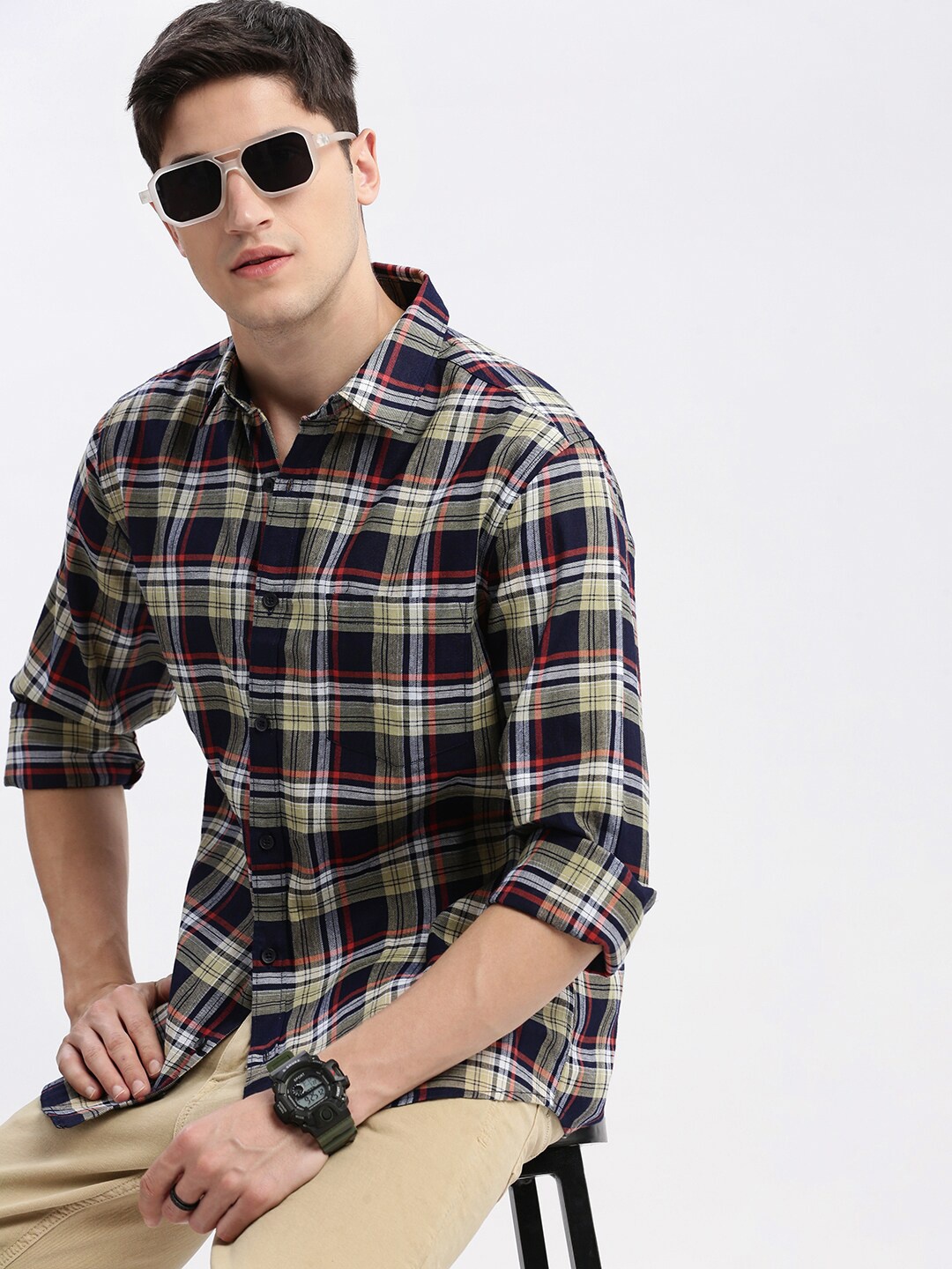 

SHOWOFF Standard Slim Fit Tartan Checks Opaque Checked Cotton Casual Shirt, Beige