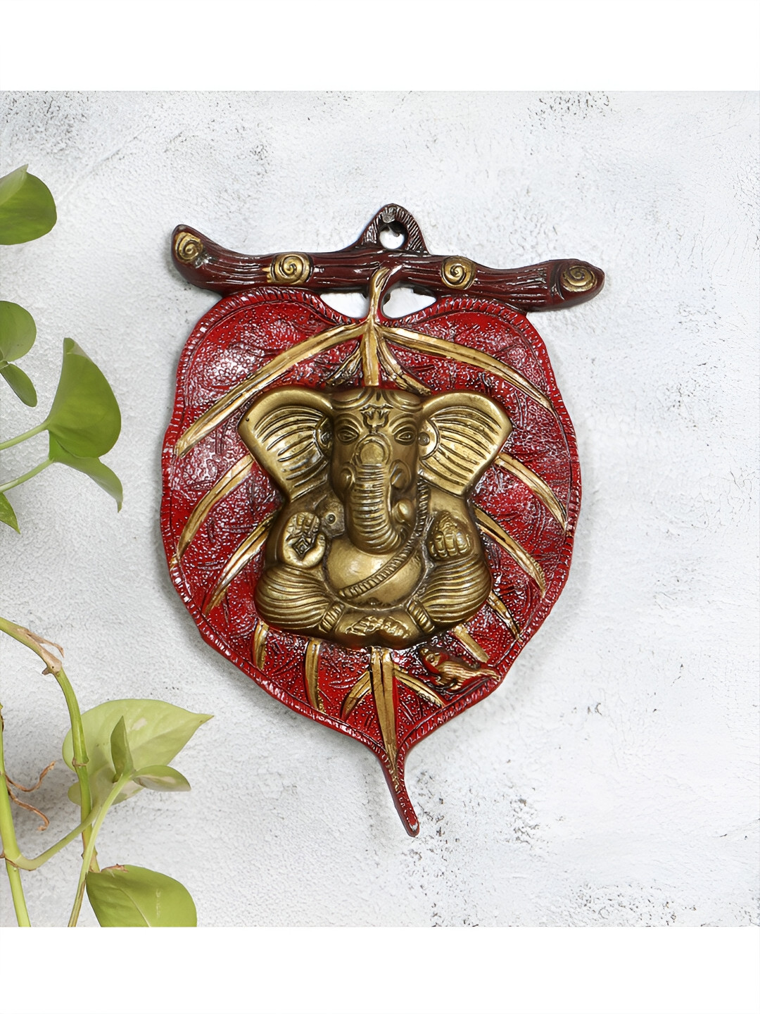 

Two Moustaches Red & Brown Ganesha On Patta Metal Wall Hanging
