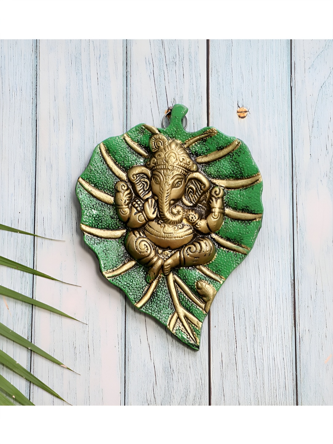 

Two Moustaches Green & Gold Toned Patta Ganesha Metal Wall Hanging
