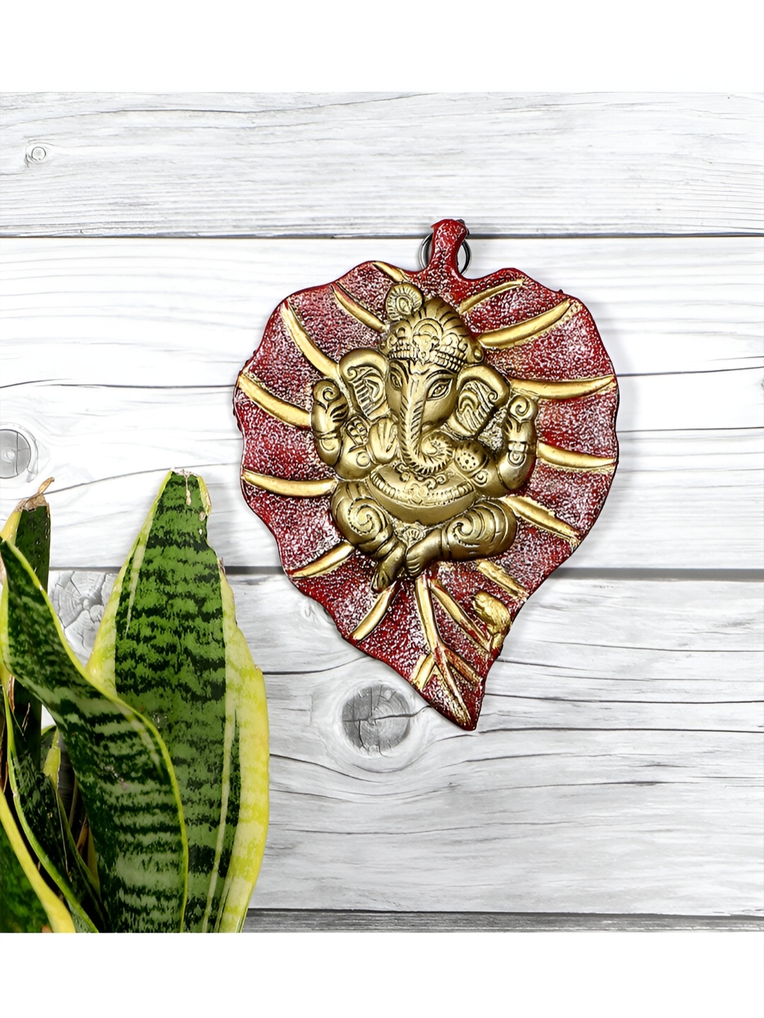 Two Moustaches Red & Gold toned Patta Ganesha Metal Wall Hanging
