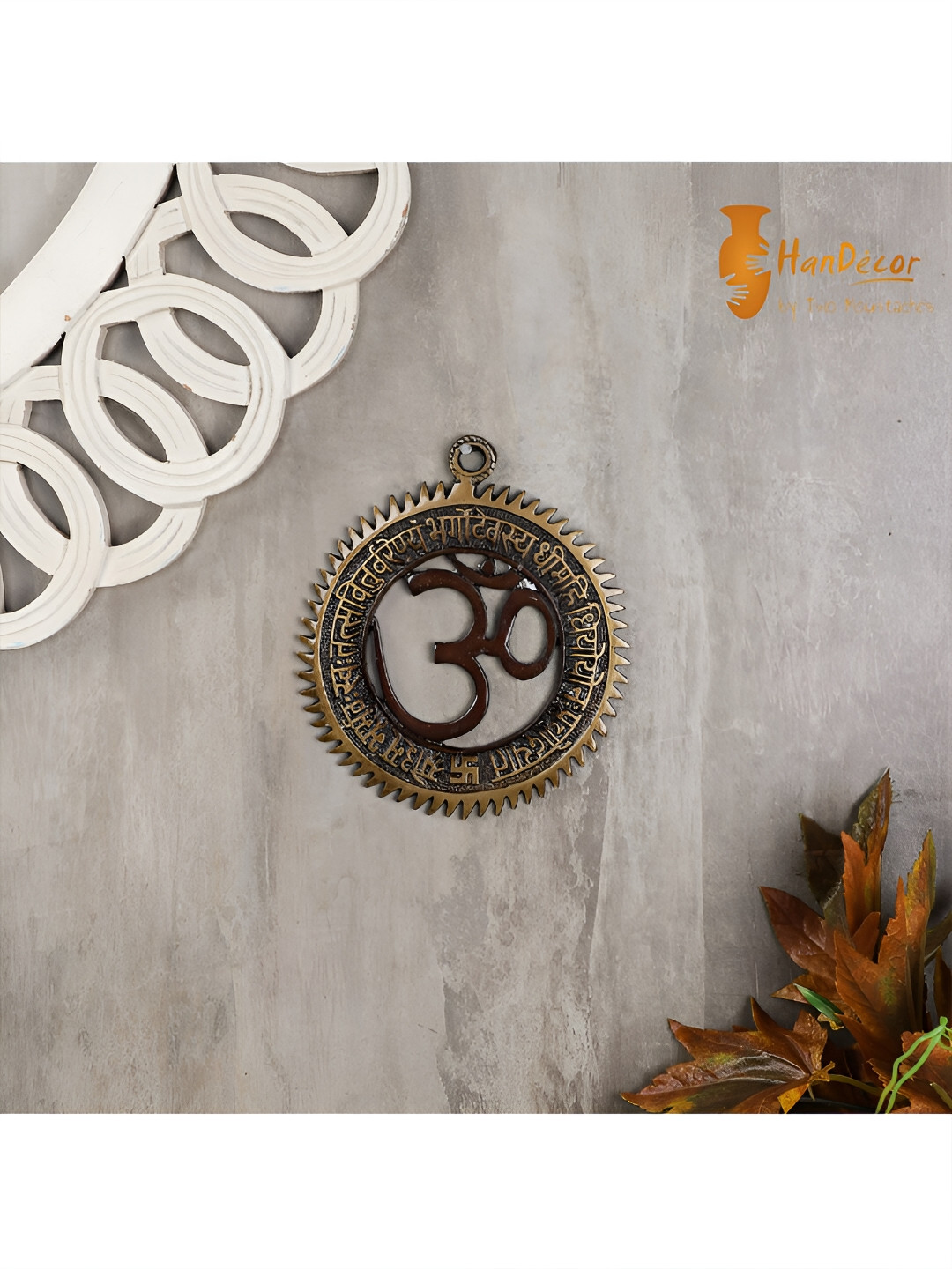

Two Moustaches Brown Gayatri Mantra with Embedded Om Brass Wall Hanging