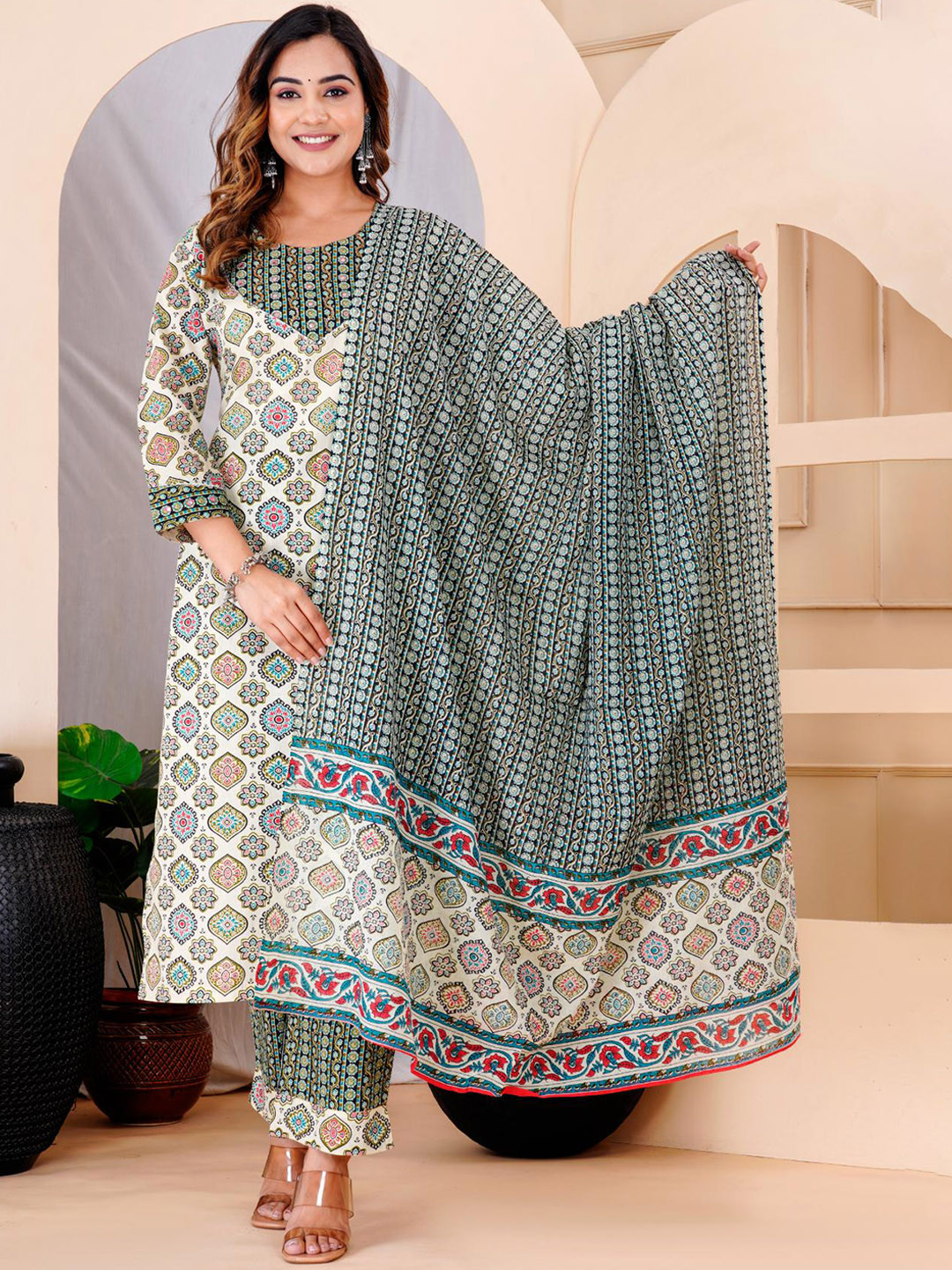 

FABISTA Ethnic Motifs Block Printed Pure Cotton Kurta With Trousers & Dupatta, Beige