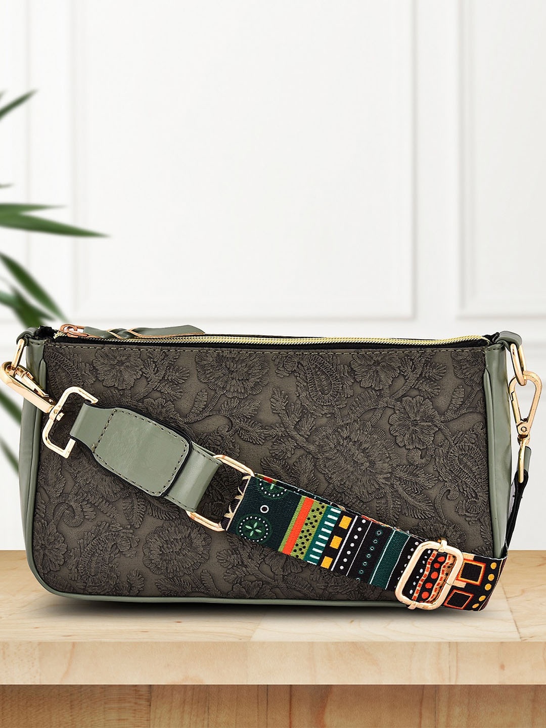 

Lychee bags Floral Self Design Structured Sling Bag, Green