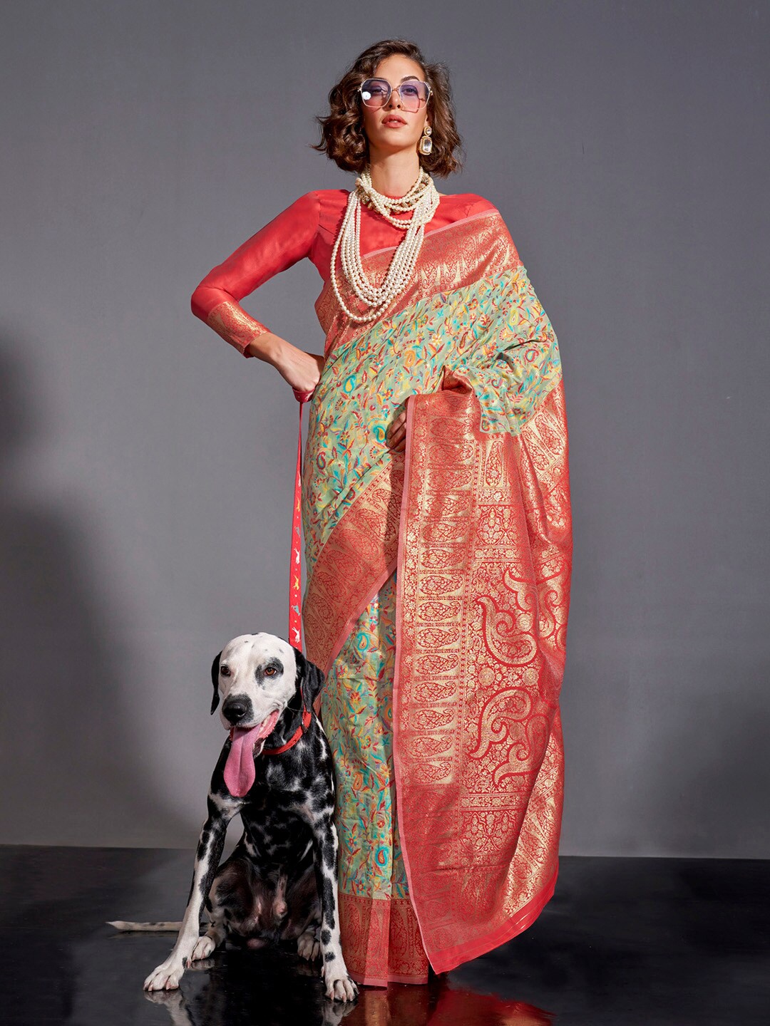 

Mitera Orange & Sea Green Ethnic Motifs Woven Design Zari Banarasi Saree