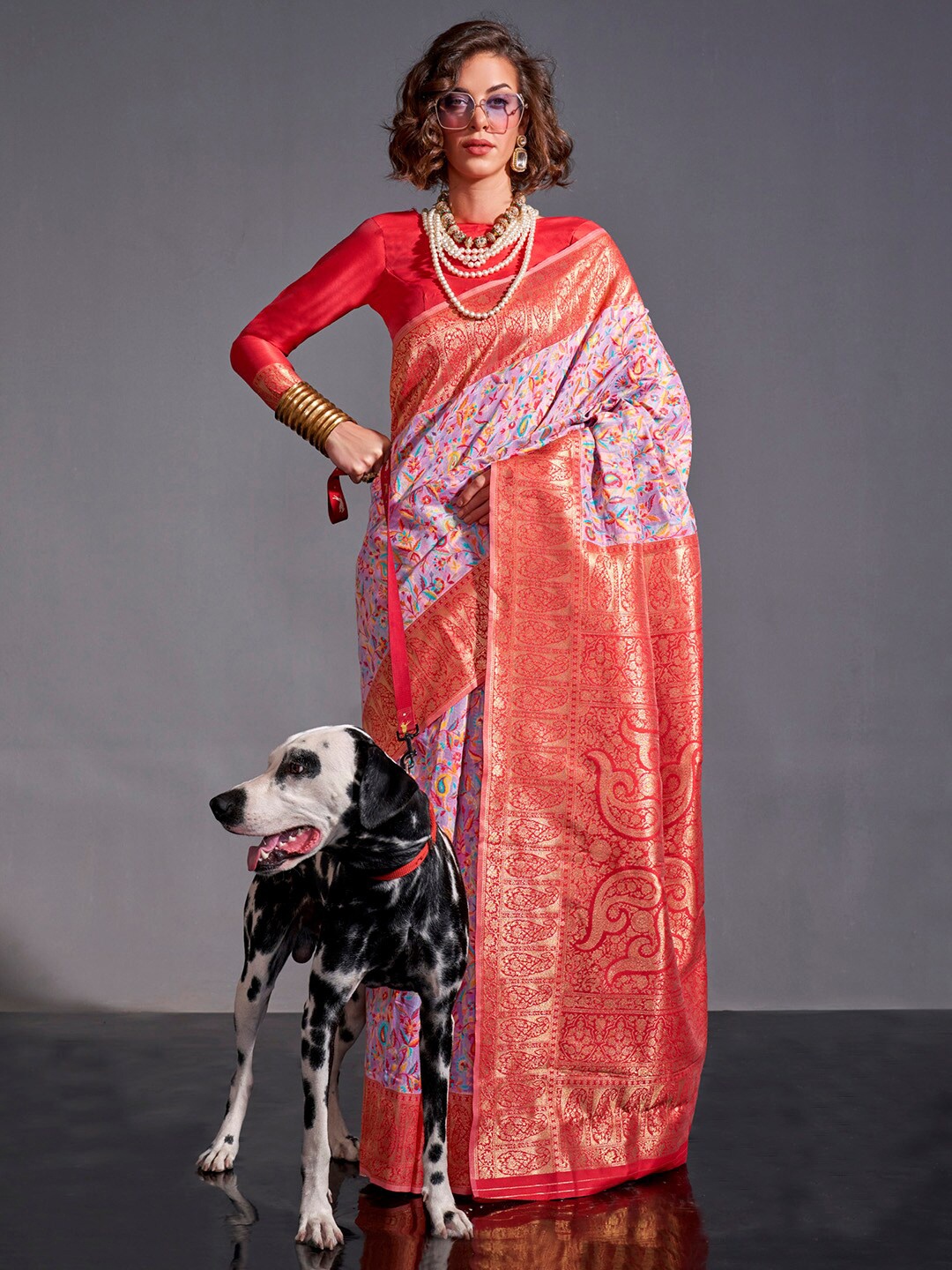 

Mitera Red & Lavender Coloured Woven Design Zari Banarasi Saree