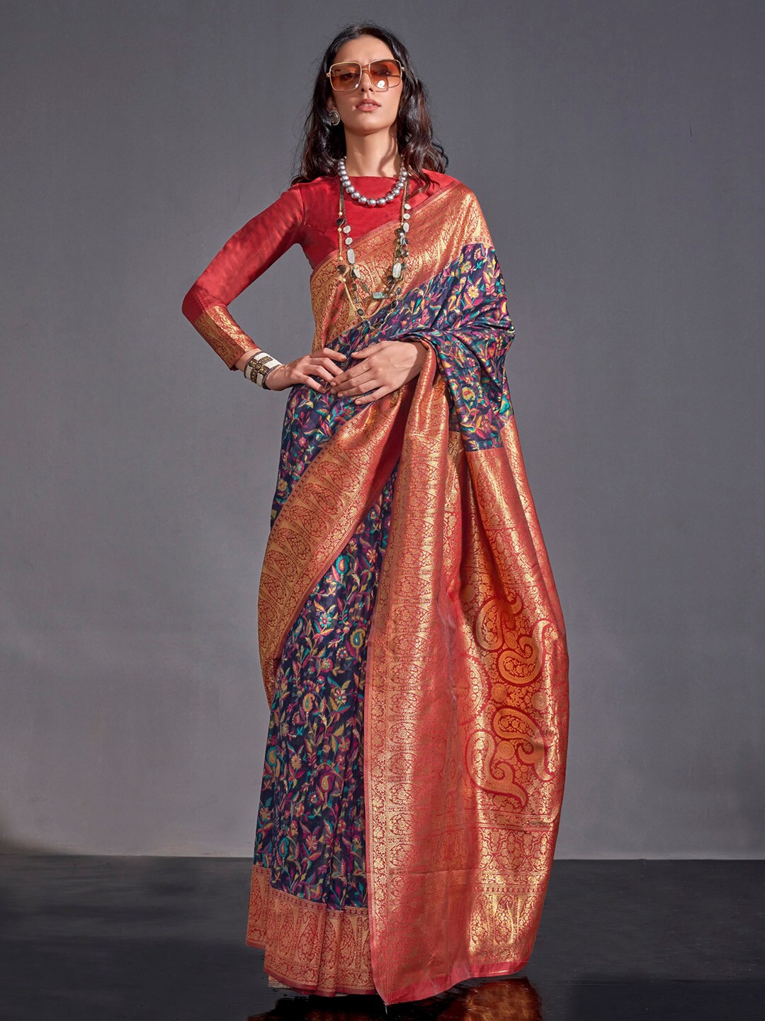 

Mitera Red & Navy Blue Ethnic Motifs Woven Design Zari Banarasi Saree