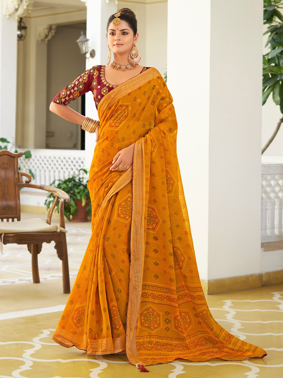 

Saree mall Bandhani Zari Poly Chiffon Sarees, Mustard