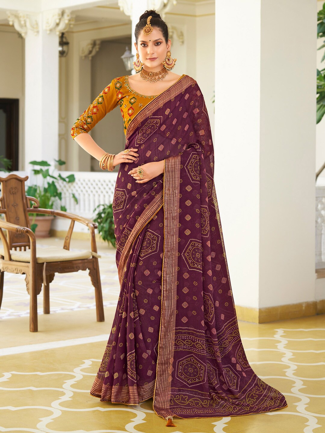 

Saree mall Bandhani Zari Poly Chiffon Designer Sarees, Purple