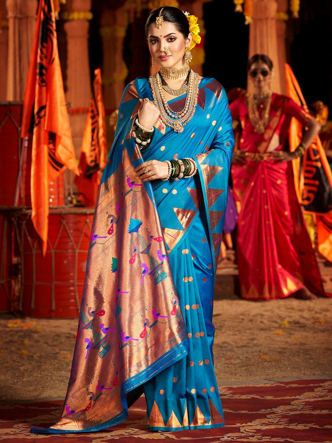 

Saree mall Geometric Woven Design Zari Paithani Sarees, Blue